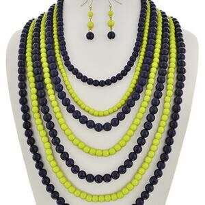 Gold Tone Navy & Yellow Acrylic Multi-Row Necklace & Earring Set – Brand New